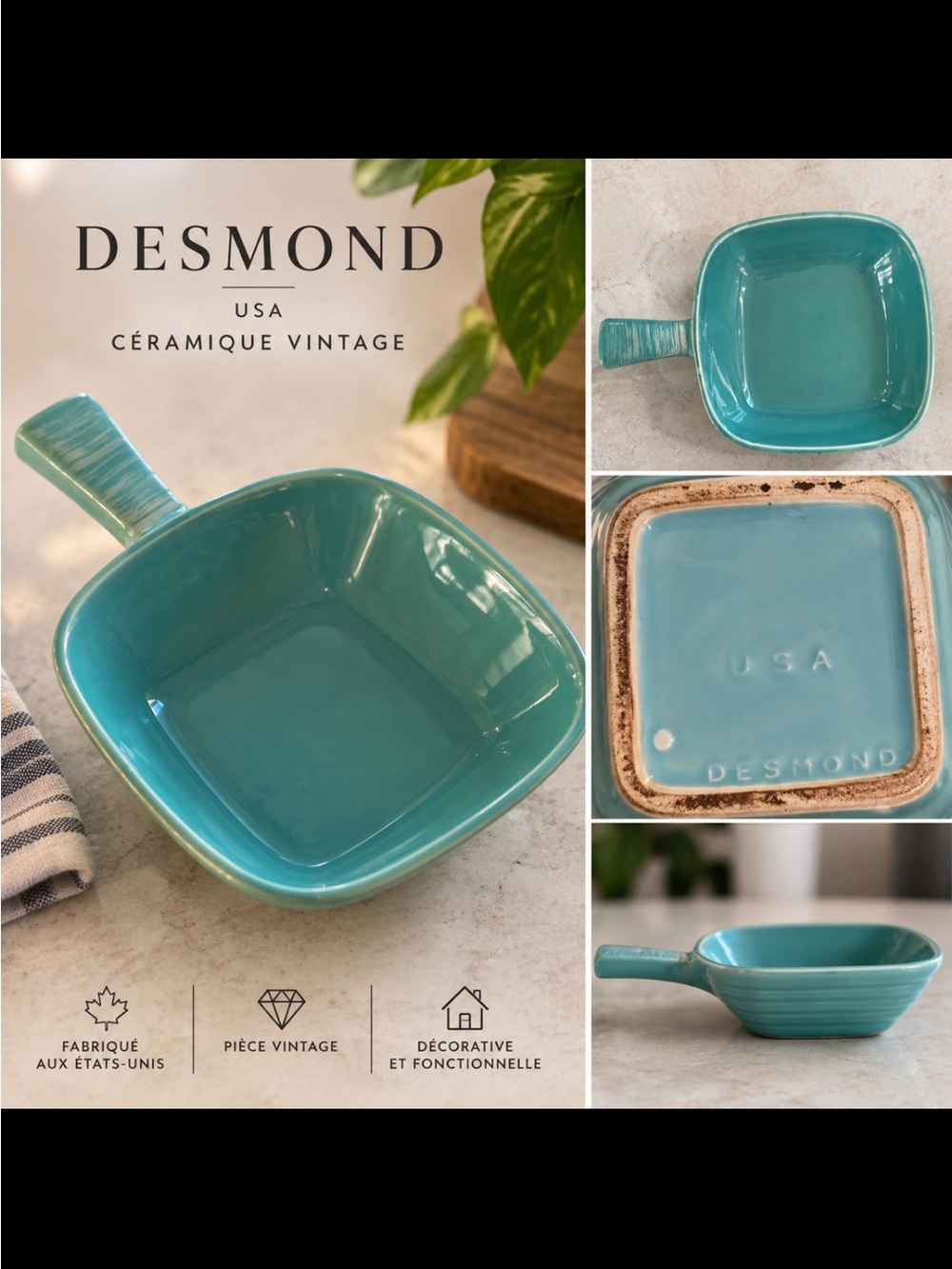 USA Turquoise Ceramic Serving Dish with Handle